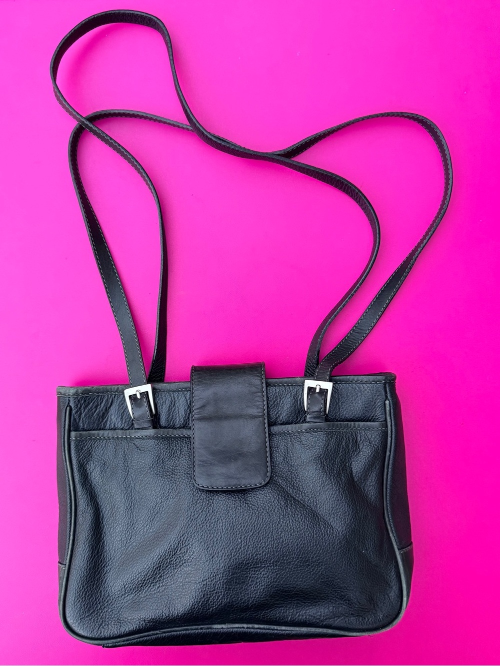 Vintage Croft Barrow Black Leather Shoulder Bag 90s Y2K Minimalist Buckle Purse